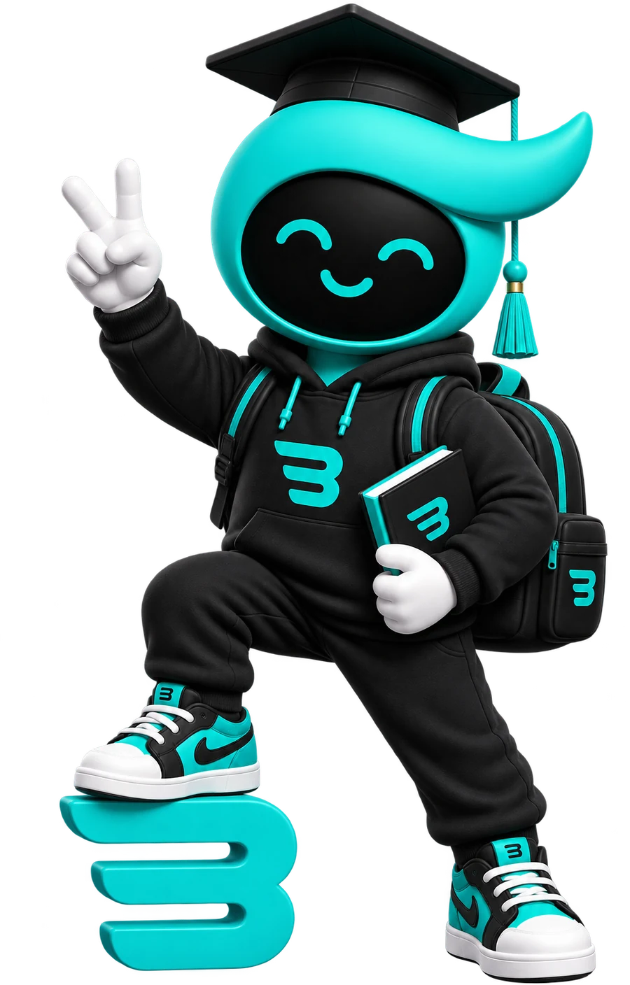 La mascotte Benach en tenue de diplômé, un pied posé sur le logo Benach